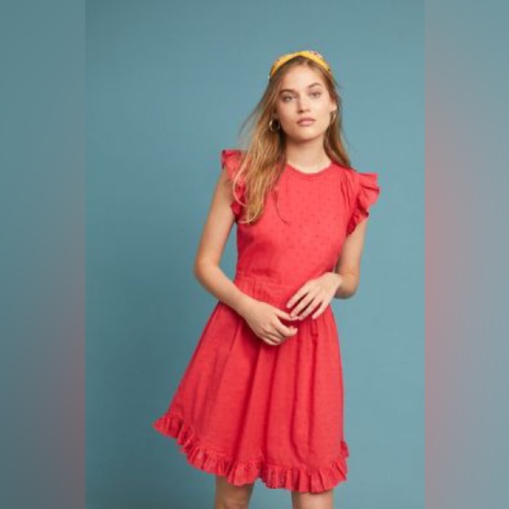Anthropologie dRA Red/Pink Swiss dot mini dress, size Medium
